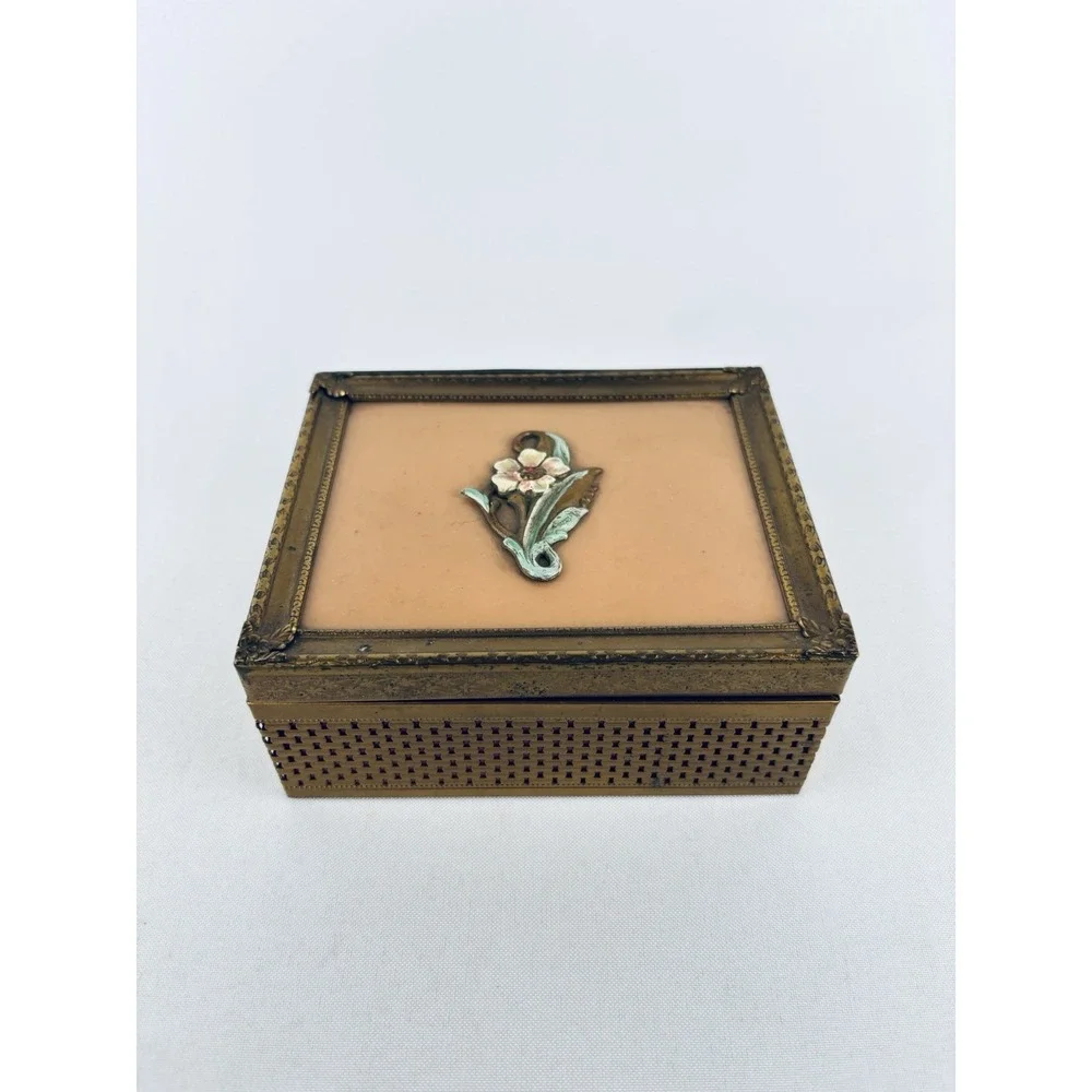 Vintage Metal Brass Jewelry Box With Floral Insert - Trinket Keeper
